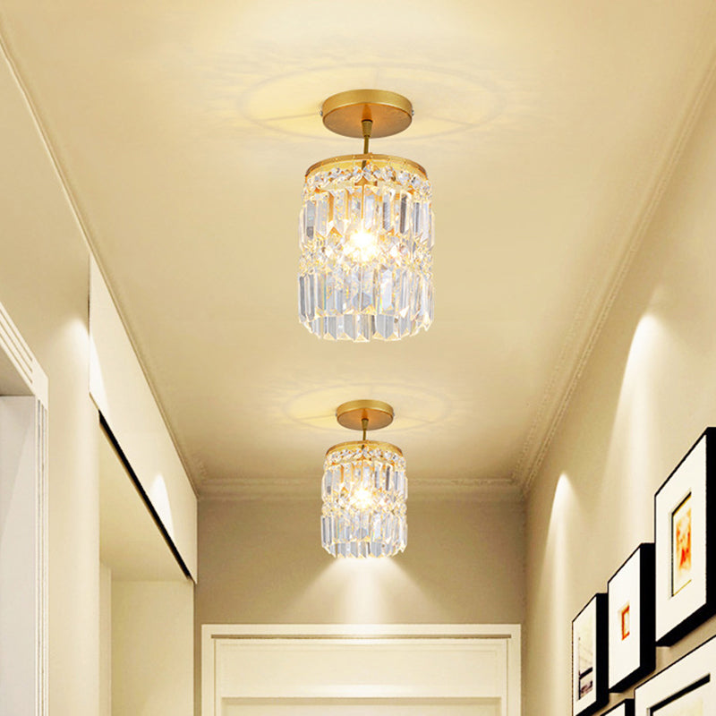 Beveled Crystal Cylindrical Semi Flush Minimalist 1 Head Corridor Close to Ceiling Light in Gold - Gold - Clearhalo - 'Ceiling Lights' - 'Close To Ceiling Lights' - 'Close to ceiling' - 'Semi-flushmount' - Lighting' - 1432286