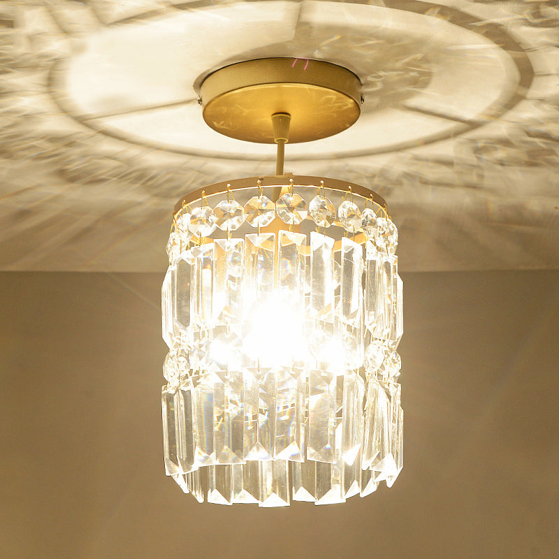 Beveled Crystal Cylindrical Semi Flush Minimalist 1 Head Corridor Close to Ceiling Light in Gold - Clearhalo - 'Ceiling Lights' - 'Close To Ceiling Lights' - 'Close to ceiling' - 'Semi-flushmount' - Lighting' - 1432287