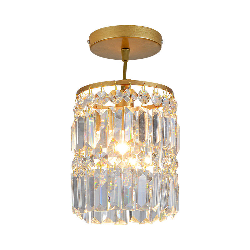 Beveled Crystal Cylindrical Semi Flush Minimalist 1 Head Corridor Close to Ceiling Light in Gold - Clearhalo - 'Ceiling Lights' - 'Close To Ceiling Lights' - 'Close to ceiling' - 'Semi-flushmount' - Lighting' - 1432288