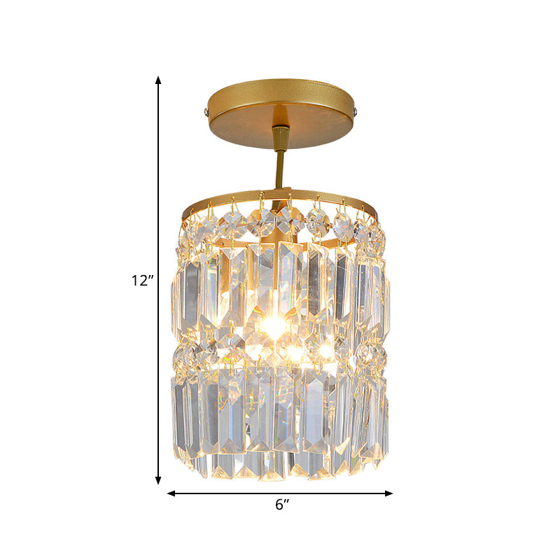 Beveled Crystal Cylindrical Semi Flush Minimalist 1 Head Corridor Close to Ceiling Light in Gold - Clearhalo - 'Ceiling Lights' - 'Close To Ceiling Lights' - 'Close to ceiling' - 'Semi-flushmount' - Lighting' - 1432289