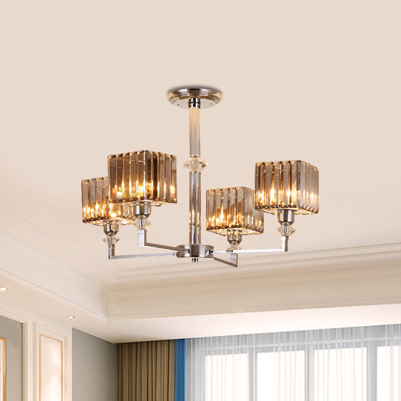 4/6 Heads Semi Flush Mount Chandelier Modern Bedroom Ceiling Light with Cuboid Crystal Shade in Chrome 4 Chrome Clearhalo 'Ceiling Lights' 'Close To Ceiling Lights' 'Close to ceiling' 'Semi-flushmount' Lighting' 1432298