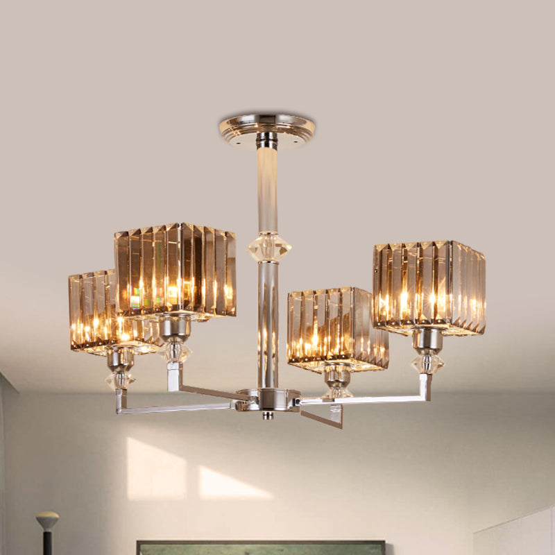 4/6 Heads Semi Flush Mount Chandelier Modern Bedroom Ceiling Light with Cuboid Crystal Shade in Chrome Clearhalo 'Ceiling Lights' 'Close To Ceiling Lights' 'Close to ceiling' 'Semi-flushmount' Lighting' 1432299