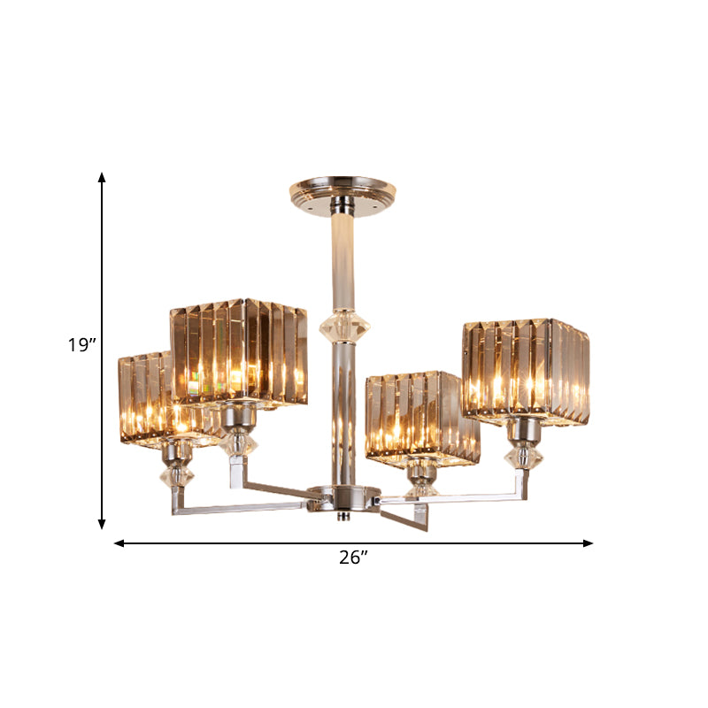 4/6 Heads Semi Flush Mount Chandelier Modern Bedroom Ceiling Light with Cuboid Crystal Shade in Chrome Clearhalo 'Ceiling Lights' 'Close To Ceiling Lights' 'Close to ceiling' 'Semi-flushmount' Lighting' 1432301