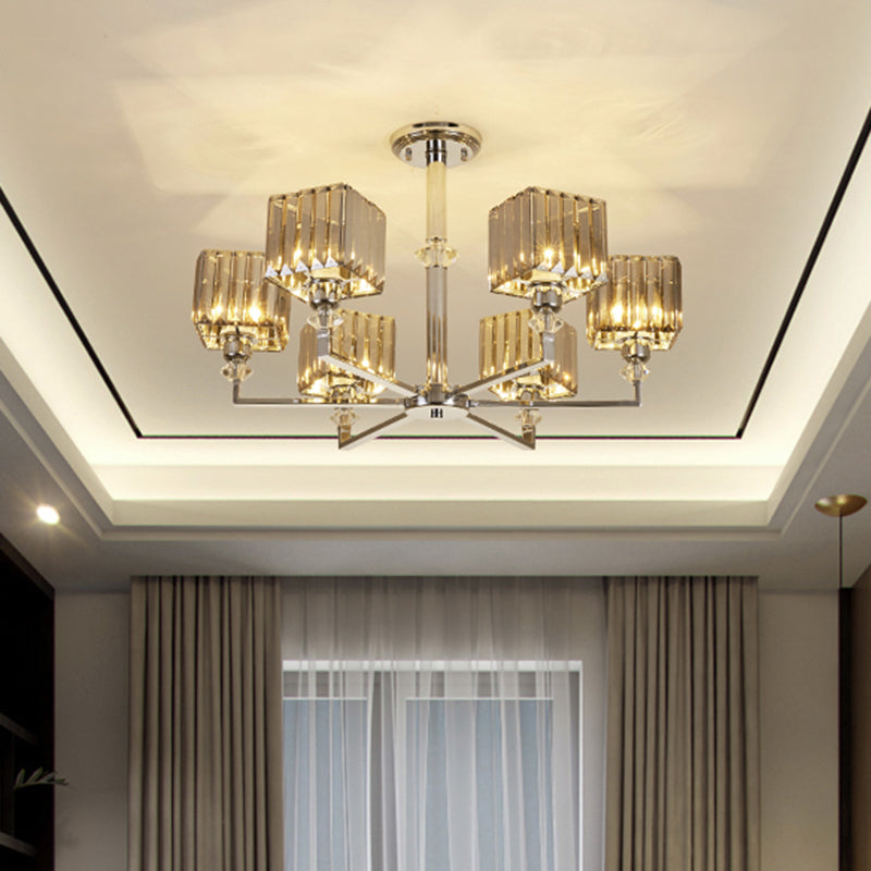 4/6 Heads Semi Flush Mount Chandelier Modern Bedroom Ceiling Light with Cuboid Crystal Shade in Chrome Clearhalo 'Ceiling Lights' 'Close To Ceiling Lights' 'Close to ceiling' 'Semi-flushmount' Lighting' 1432303