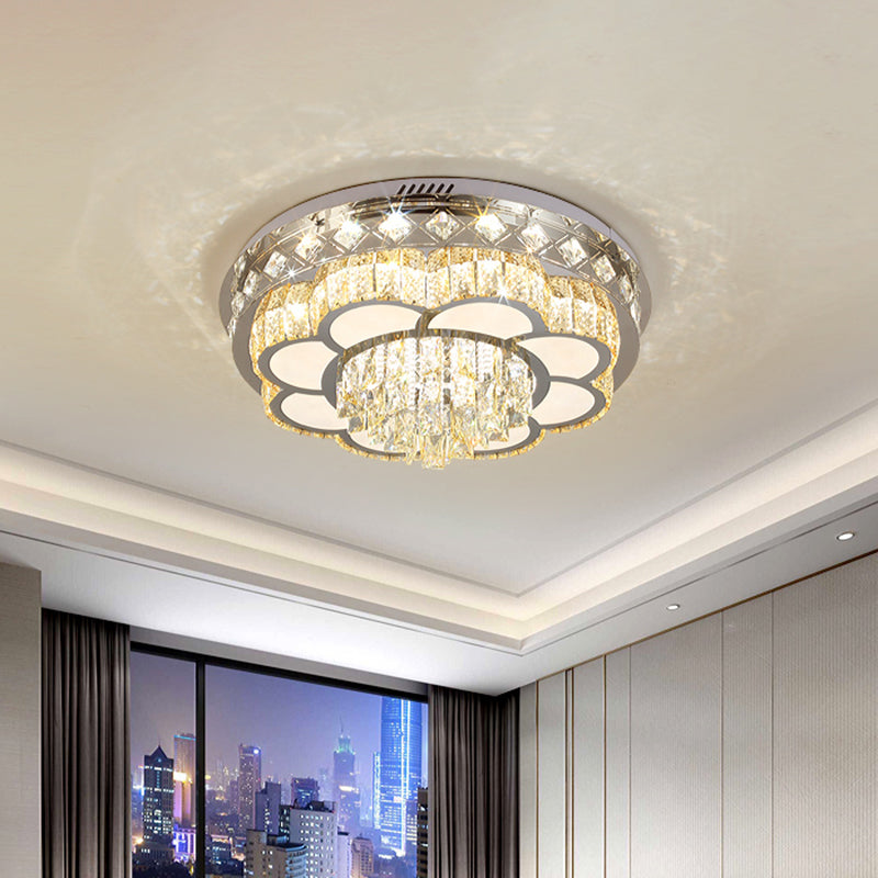 Cut Crystal Floral Flush Ceiling Light Modern Hotel LED Flushmount in Stainless Steel