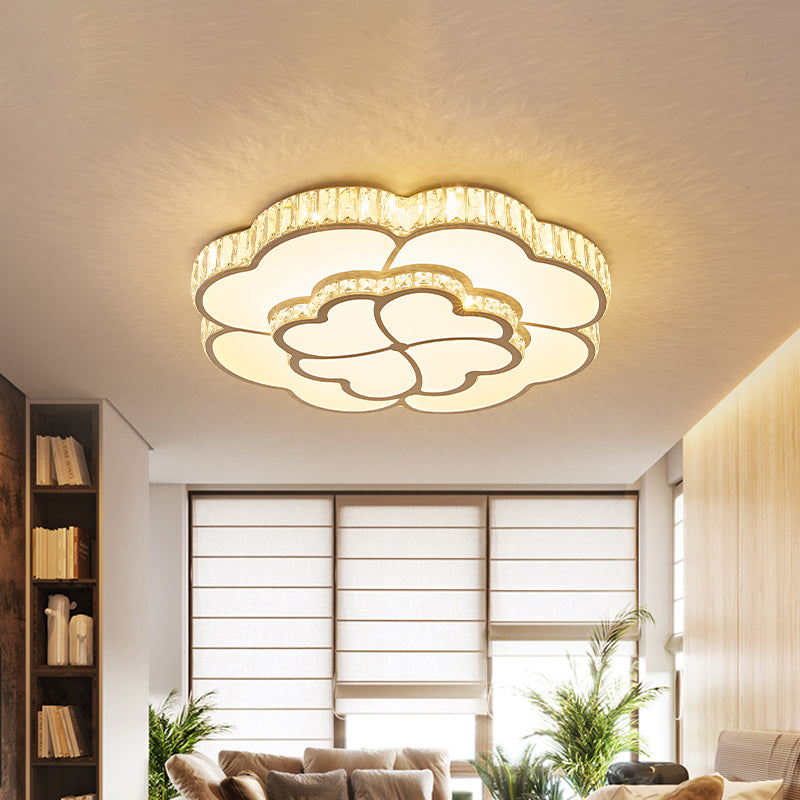2-Layer Clover Crystal Flush Light Modern Style Bedroom LED Ceiling Lamp in White, 16"/19.5" Wide White Clearhalo 'Ceiling Lights' 'Close To Ceiling Lights' 'Close to ceiling' 'Flush mount' Lighting' 1432352