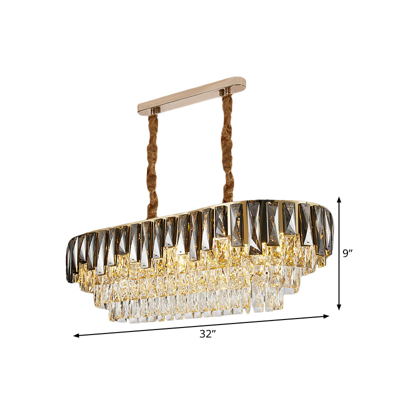 10-Bulb 3 Tiers Oblong Island Lamp Modern Smoke Grey Crystal Hanging Ceiling Light Clearhalo 'Ceiling Lights' 'Island Lights' Lighting' 1432384