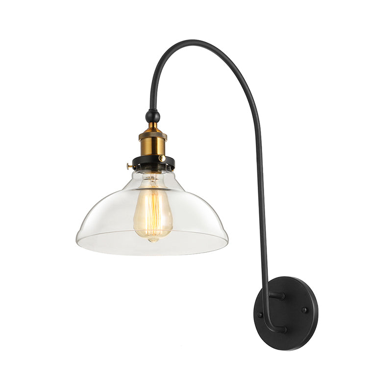 1 Bulb Barn Wall Mounted Light Fixture Industrial Antique Brass Clear Glass Lighting with Gooseneck Arm Clearhalo 'Cast Iron' 'Glass' 'Industrial wall lights' 'Industrial' 'Middle century wall lights' 'Modern' 'Tiffany' 'Traditional wall lights' 'Wall Lamps & Sconces' 'Wall Lights' Lighting' 143244
