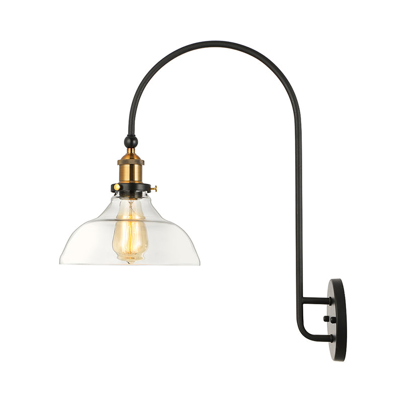 1 Bulb Barn Wall Mounted Light Fixture Industrial Antique Brass Clear Glass Lighting with Gooseneck Arm Clearhalo 'Cast Iron' 'Glass' 'Industrial wall lights' 'Industrial' 'Middle century wall lights' 'Modern' 'Tiffany' 'Traditional wall lights' 'Wall Lamps & Sconces' 'Wall Lights' Lighting' 143245