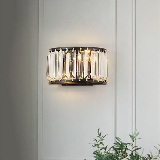 Demilune Crystal Wall Light Sconce Post-Modern 2 Bulbs Living Room Wall Mount Lamp in Black/Gold Black Clearhalo 'Cast Iron' 'Glass' 'Industrial' 'Modern wall lights' 'Modern' 'Tiffany' 'Traditional wall lights' 'Wall Lamps & Sconces' 'Wall Lights' Lighting' 1432453