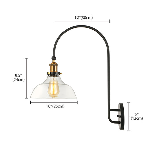 1 Bulb Barn Wall Mounted Light Fixture Industrial Antique Brass Clear Glass Lighting with Gooseneck Arm Clearhalo 'Cast Iron' 'Glass' 'Industrial wall lights' 'Industrial' 'Middle century wall lights' 'Modern' 'Tiffany' 'Traditional wall lights' 'Wall Lamps & Sconces' 'Wall Lights' Lighting' 143246