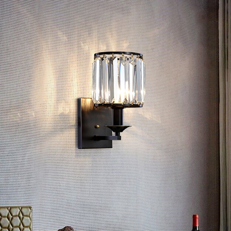 Modern Cylinder Wall Lighting Ideas 1 Head Prismatic Crystal Wall Mount Lamp in Black Black Clearhalo 'Cast Iron' 'Glass' 'Industrial' 'Modern wall lights' 'Modern' 'Tiffany' 'Traditional wall lights' 'Wall Lamps & Sconces' 'Wall Lights' Lighting' 1432484