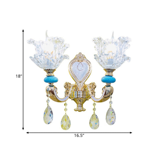 Traditional Layered Flower Wall Light Kit 1/2-Head Clear Crystal Wall Lighting in Gold-Blue Clearhalo 'Wall Lamps & Sconces' 'Wall Lights' Lighting' 1432518
