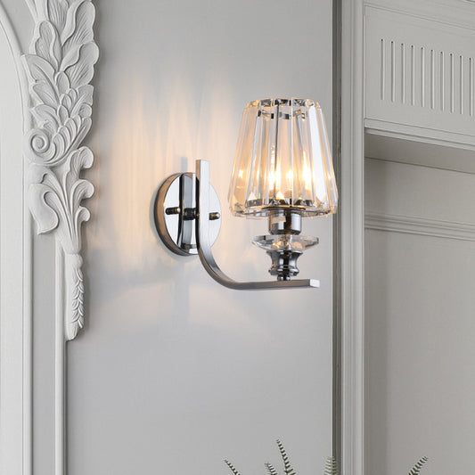 1 Bulb Wall Mount Lamp Modern Living Room Sconce Light with Cone/Cylinder Crystal Shade in Chrome Chrome A Clearhalo 'Cast Iron' 'Glass' 'Industrial' 'Modern wall lights' 'Modern' 'Tiffany' 'Traditional wall lights' 'Wall Lamps & Sconces' 'Wall Lights' Lighting' 1432526