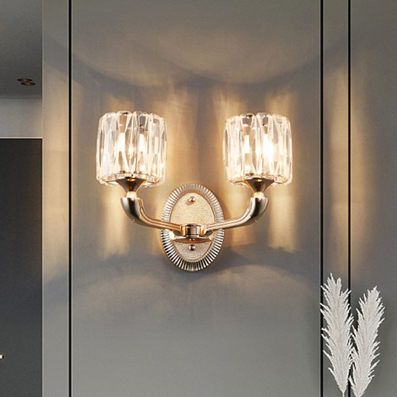 1/2-Head Beveled Cut Crystal Wall Lamp Contemporary Gold Cylinder Living Room Wall Mount Light Clearhalo 'Cast Iron' 'Glass' 'Industrial' 'Modern wall lights' 'Modern' 'Tiffany' 'Traditional wall lights' 'Wall Lamps & Sconces' 'Wall Lights' Lighting' 1432555