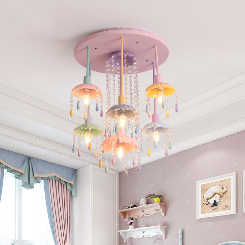 Cascade Girls Bedroom Ceiling Light Macaron Beaded Crystal 7-Light Pink Semi Flush Mount Lighting