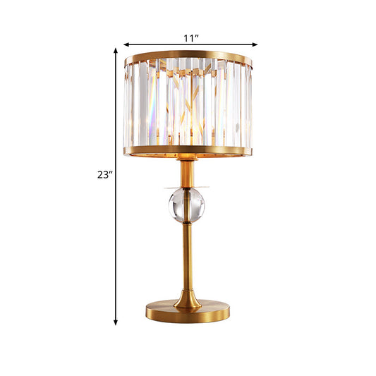 Brass 1 Head Night Table Light Post-Modern Prismatic Crystal Drum Shade Nightstand Lamp Clearhalo 'Lamps' 'Table Lamps' Lighting' 1432612
