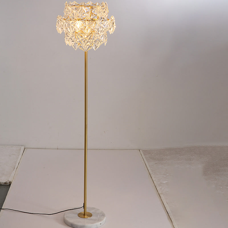 Tiered Snowflake Clear Crystal Floor Lamp Postmodern 3-Bulb Living Room Standing Light in Brass Clearhalo 'Floor Lamps' 'Lamps' Lighting' 1432614