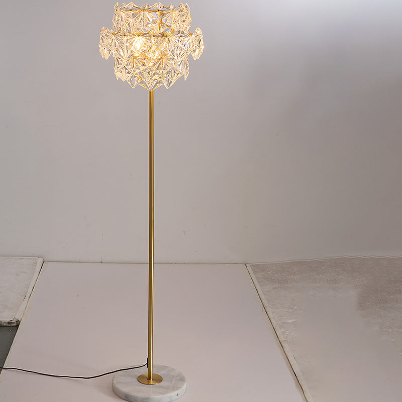Tiered Snowflake Clear Crystal Floor Lamp Postmodern 3-Bulb Living Room Standing Light in Brass Clearhalo 'Floor Lamps' 'Lamps' Lighting' 1432614