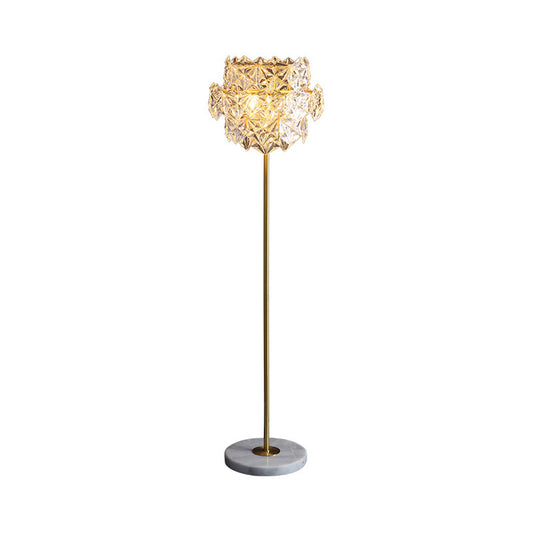 Tiered Snowflake Clear Crystal Floor Lamp Postmodern 3-Bulb Living Room Standing Light in Brass Clearhalo 'Floor Lamps' 'Lamps' Lighting' 1432615