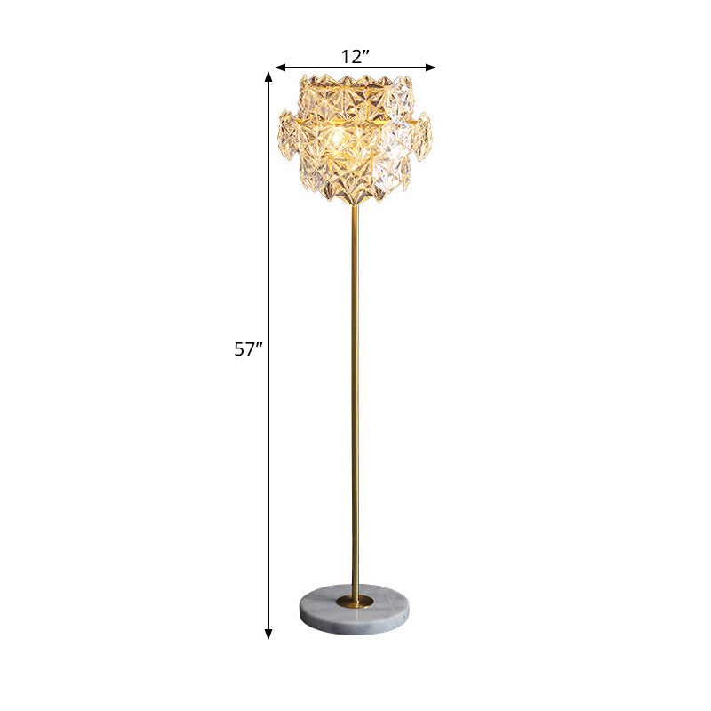 Tiered Snowflake Clear Crystal Floor Lamp Postmodern 3-Bulb Living Room Standing Light in Brass Clearhalo 'Floor Lamps' 'Lamps' Lighting' 1432616