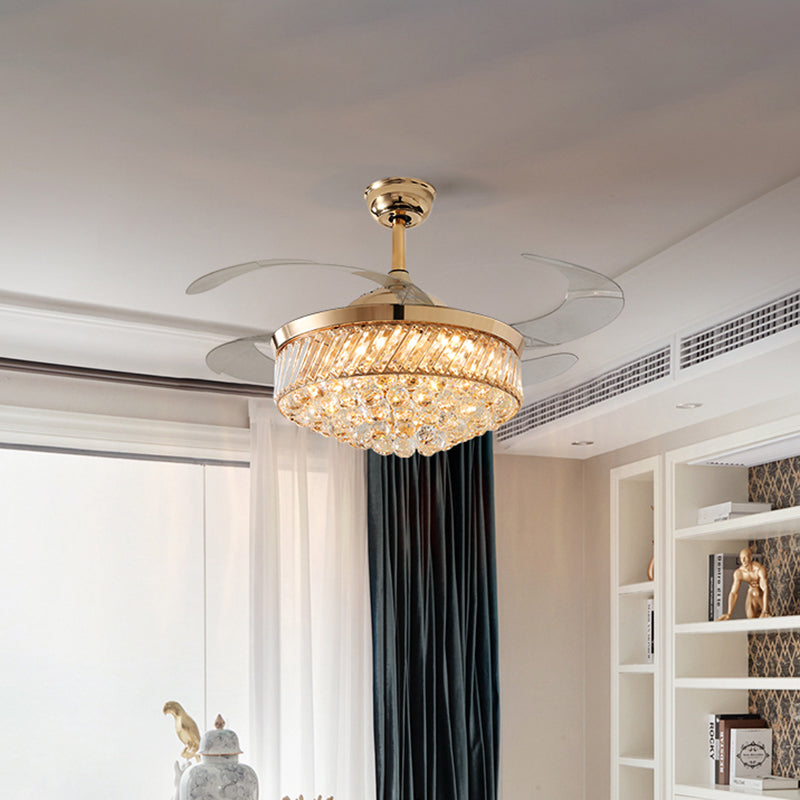 42" W K9 Crystal Tapered Fan Lamp Modern Dining Room LED Semi Flush Ceiling Light in Gold, 4 Blades Gold Clearhalo 'Ceiling Fans with Lights' 'Ceiling Fans' 'Modern Ceiling Fans' 'Modern' Lighting' 1432637