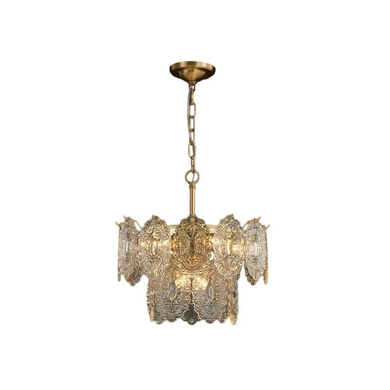 5/7 Heads Embossed Crystal Panels Chandelier Lamp Modern Gold Canopy Tapered Bedchamber Pendant Lighting, 15.5"/19.5" W Clearhalo 'Ceiling Lights' 'Chandeliers' 'Modern Chandeliers' 'Modern' Lighting' 1432674