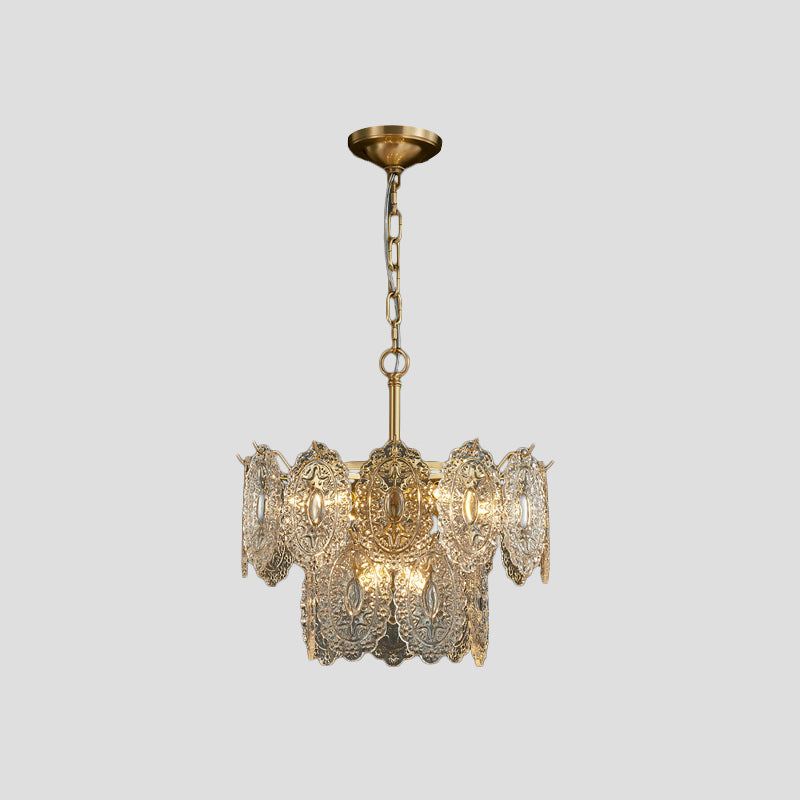 5/7 Heads Embossed Crystal Panels Chandelier Lamp Modern Gold Canopy Tapered Bedchamber Pendant Lighting, 15.5"/19.5" W Clearhalo 'Ceiling Lights' 'Chandeliers' 'Modern Chandeliers' 'Modern' Lighting' 1432675