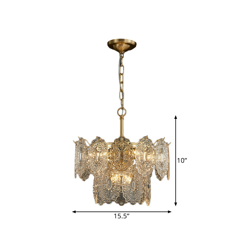 5/7 Heads Embossed Crystal Panels Chandelier Lamp Modern Gold Canopy Tapered Bedchamber Pendant Lighting, 15.5"/19.5" W Clearhalo 'Ceiling Lights' 'Chandeliers' 'Modern Chandeliers' 'Modern' Lighting' 1432676
