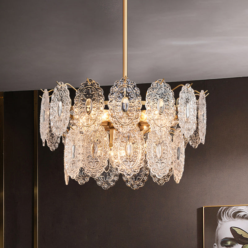 5/7 Heads Embossed Crystal Panels Chandelier Lamp Modern Gold Canopy Tapered Bedchamber Pendant Lighting, 15.5"/19.5" W Gold 19.5" Clearhalo 'Ceiling Lights' 'Chandeliers' 'Modern Chandeliers' 'Modern' Lighting' 1432677