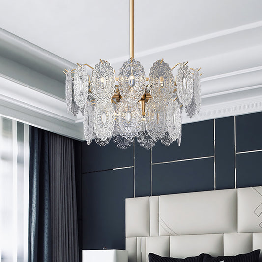 5/7 Heads Embossed Crystal Panels Chandelier Lamp Modern Gold Canopy Tapered Bedchamber Pendant Lighting, 15.5"/19.5" W Clearhalo 'Ceiling Lights' 'Chandeliers' 'Modern Chandeliers' 'Modern' Lighting' 1432678