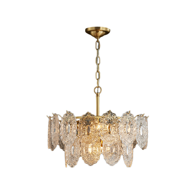 5/7 Heads Embossed Crystal Panels Chandelier Lamp Modern Gold Canopy Tapered Bedchamber Pendant Lighting, 15.5"/19.5" W Clearhalo 'Ceiling Lights' 'Chandeliers' 'Modern Chandeliers' 'Modern' Lighting' 1432680