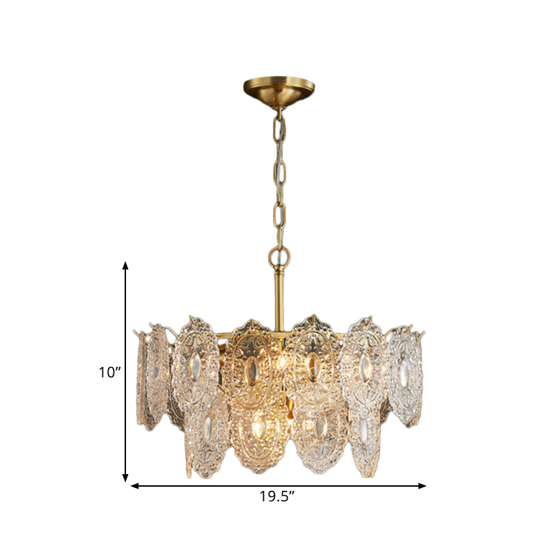 5/7 Heads Embossed Crystal Panels Chandelier Lamp Modern Gold Canopy Tapered Bedchamber Pendant Lighting, 15.5"/19.5" W Clearhalo 'Ceiling Lights' 'Chandeliers' 'Modern Chandeliers' 'Modern' Lighting' 1432681