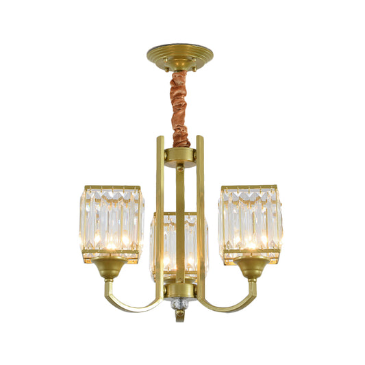 Cubic Shade Clear Crystal Ceiling Pendant Contemporary 3/6 Bulbs Dinning Room Chandelier with Gold Arm Clearhalo 'Ceiling Lights' 'Chandeliers' 'Modern Chandeliers' 'Modern' Lighting' 1432689