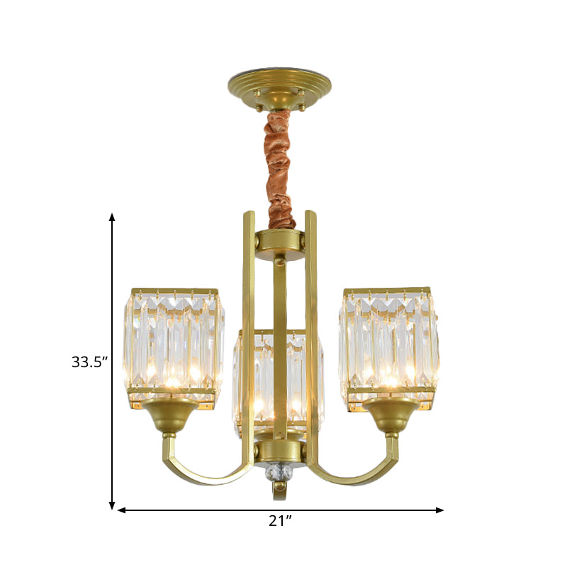 Cubic Shade Clear Crystal Ceiling Pendant Contemporary 3/6 Bulbs Dinning Room Chandelier with Gold Arm Clearhalo 'Ceiling Lights' 'Chandeliers' 'Modern Chandeliers' 'Modern' Lighting' 1432690