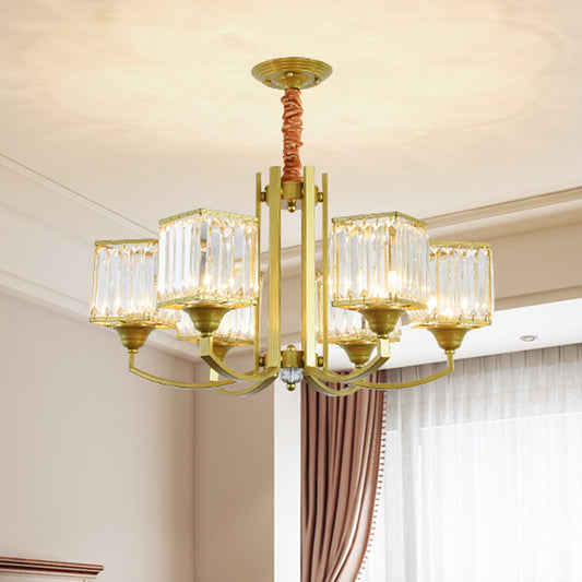 Cubic Shade Clear Crystal Ceiling Pendant Contemporary 3/6 Bulbs Dinning Room Chandelier with Gold Arm 6 Gold Clearhalo 'Ceiling Lights' 'Chandeliers' 'Modern Chandeliers' 'Modern' Lighting' 1432691