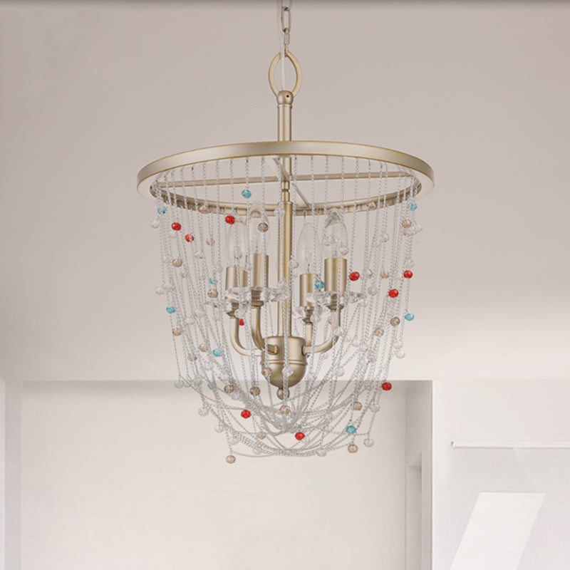 Candle Living Room Chandelier Modern Metal 4 Heads Gold Hanging Lighting with Crystal Bead Strand Decor, 15.5"/23.5" W Gold 15.5" Clearhalo 'Ceiling Lights' 'Chandeliers' 'Modern Chandeliers' 'Modern' Lighting' 1432755