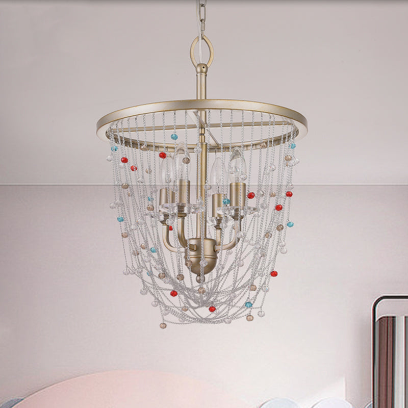 Candle Living Room Chandelier Modern Metal 4 Heads Gold Hanging Lighting with Crystal Bead Strand Decor, 15.5"/23.5" W Clearhalo 'Ceiling Lights' 'Chandeliers' 'Modern Chandeliers' 'Modern' Lighting' 1432756