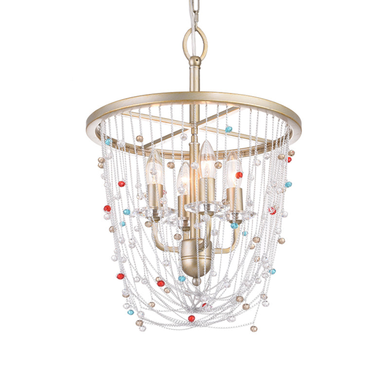 Candle Living Room Chandelier Modern Metal 4 Heads Gold Hanging Lighting with Crystal Bead Strand Decor, 15.5"/23.5" W Clearhalo 'Ceiling Lights' 'Chandeliers' 'Modern Chandeliers' 'Modern' Lighting' 1432757