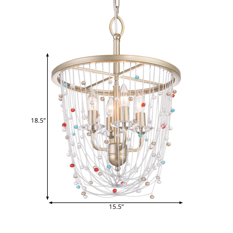 Candle Living Room Chandelier Modern Metal 4 Heads Gold Hanging Lighting with Crystal Bead Strand Decor, 15.5"/23.5" W Clearhalo 'Ceiling Lights' 'Chandeliers' 'Modern Chandeliers' 'Modern' Lighting' 1432758