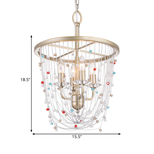 Candle Living Room Chandelier Modern Metal 4 Heads Gold Hanging Lighting with Crystal Bead Strand Decor, 15.5"/23.5" W Clearhalo 'Ceiling Lights' 'Chandeliers' 'Modern Chandeliers' 'Modern' Lighting' 1432758