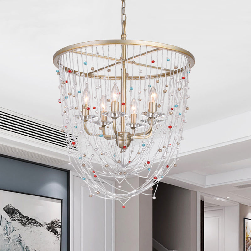 Candle Living Room Chandelier Modern Metal 4 Heads Gold Hanging Lighting with Crystal Bead Strand Decor, 15.5"/23.5" W Clearhalo 'Ceiling Lights' 'Chandeliers' 'Modern Chandeliers' 'Modern' Lighting' 1432760