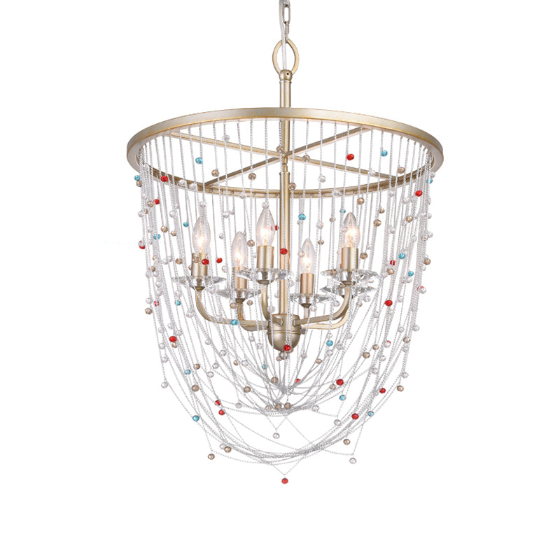 Candle Living Room Chandelier Modern Metal 4 Heads Gold Hanging Lighting with Crystal Bead Strand Decor, 15.5"/23.5" W Clearhalo 'Ceiling Lights' 'Chandeliers' 'Modern Chandeliers' 'Modern' Lighting' 1432761