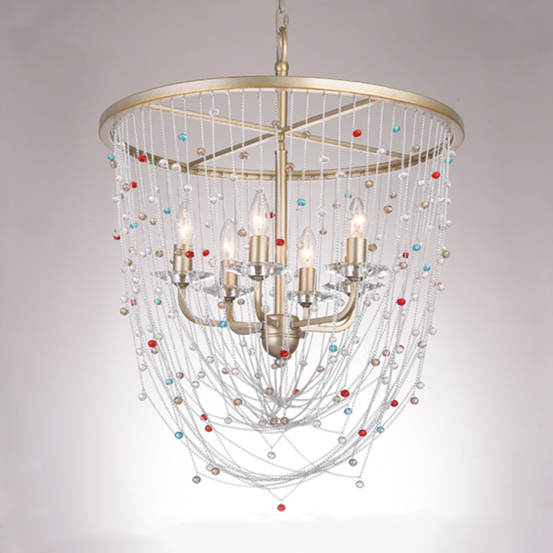 Candle Living Room Chandelier Modern Metal 4 Heads Gold Hanging Lighting with Crystal Bead Strand Decor, 15.5"/23.5" W Clearhalo 'Ceiling Lights' 'Chandeliers' 'Modern Chandeliers' 'Modern' Lighting' 1432762