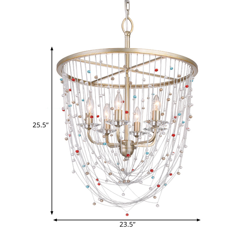 Candle Living Room Chandelier Modern Metal 4 Heads Gold Hanging Lighting with Crystal Bead Strand Decor, 15.5"/23.5" W Clearhalo 'Ceiling Lights' 'Chandeliers' 'Modern Chandeliers' 'Modern' Lighting' 1432763