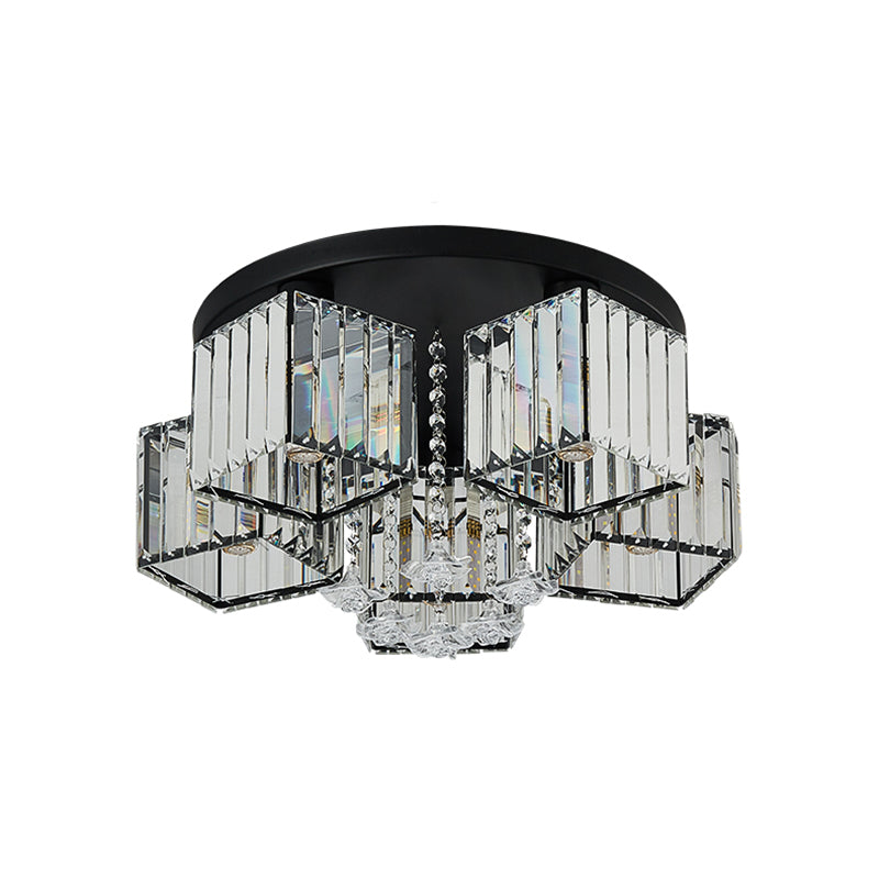 Black Canopy 5/6 Bulbs Flush Mount Contemporary Clear Crystal Cubic Shade Ceiling Light Fixture with Flower Draping - Clearhalo - 'Ceiling Lights' - 'Close To Ceiling Lights' - 'Close to ceiling' - 'Flush mount' - Lighting' - 1432775