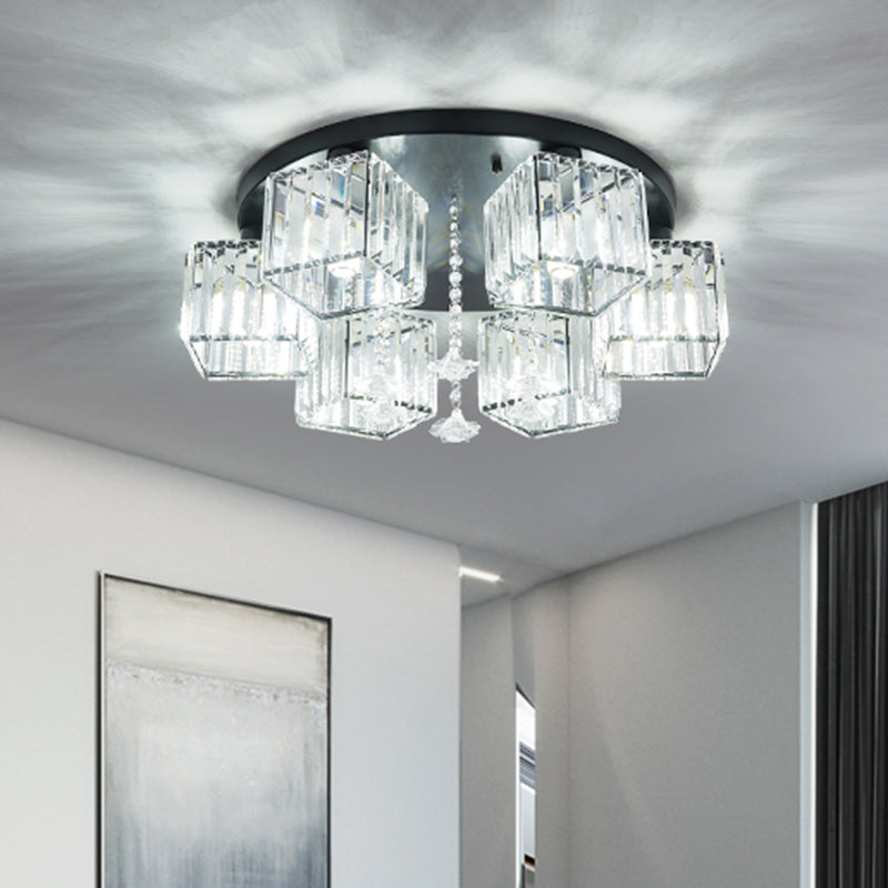 Black Canopy 5/6 Bulbs Flush Mount Contemporary Clear Crystal Cubic Shade Ceiling Light Fixture with Flower Draping - Clearhalo - 'Ceiling Lights' - 'Close To Ceiling Lights' - 'Close to ceiling' - 'Flush mount' - Lighting' - 1432778