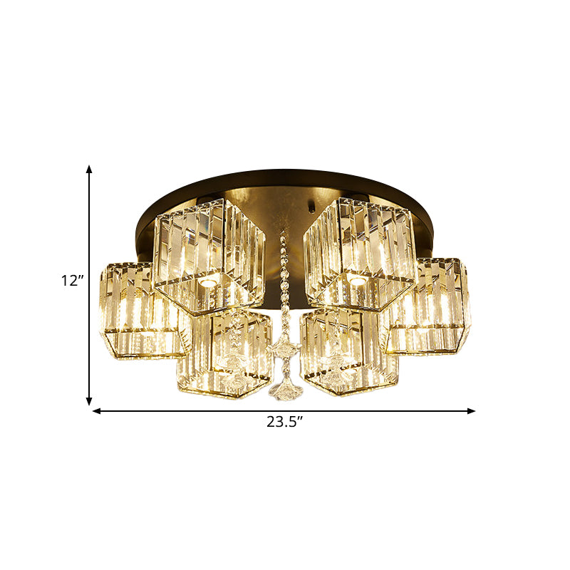 Black Canopy 5/6 Bulbs Flush Mount Contemporary Clear Crystal Cubic Shade Ceiling Light Fixture with Flower Draping - Clearhalo - 'Ceiling Lights' - 'Close To Ceiling Lights' - 'Close to ceiling' - 'Flush mount' - Lighting' - 1432781