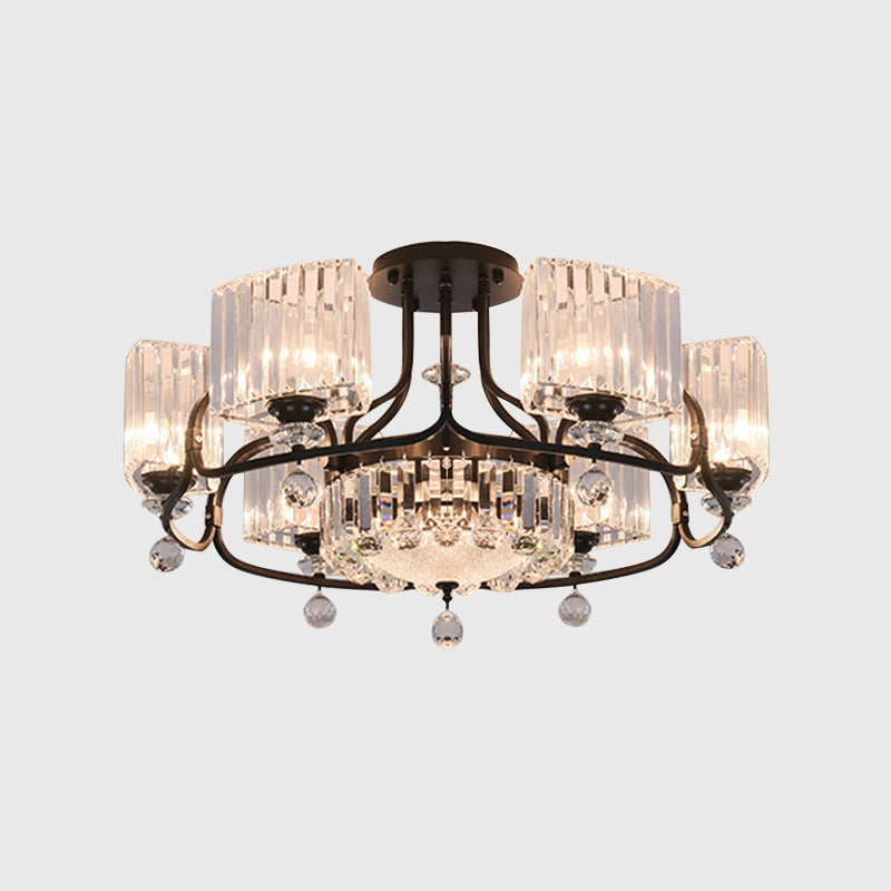 Crystal Trapezoid Lighting Fixture Contemporary 4/8 Bulbs Dinning Room Semi Flush with Black Frame