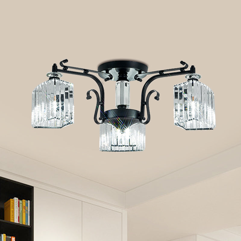 3 Bulbs Scrolling Arm Semi Flush Mount Modern Black Metal Ceiling Lamp with Clear Cubic Shade Clearhalo 'Ceiling Lights' 'Close To Ceiling Lights' 'Close to ceiling' 'Semi-flushmount' Lighting' 1432829